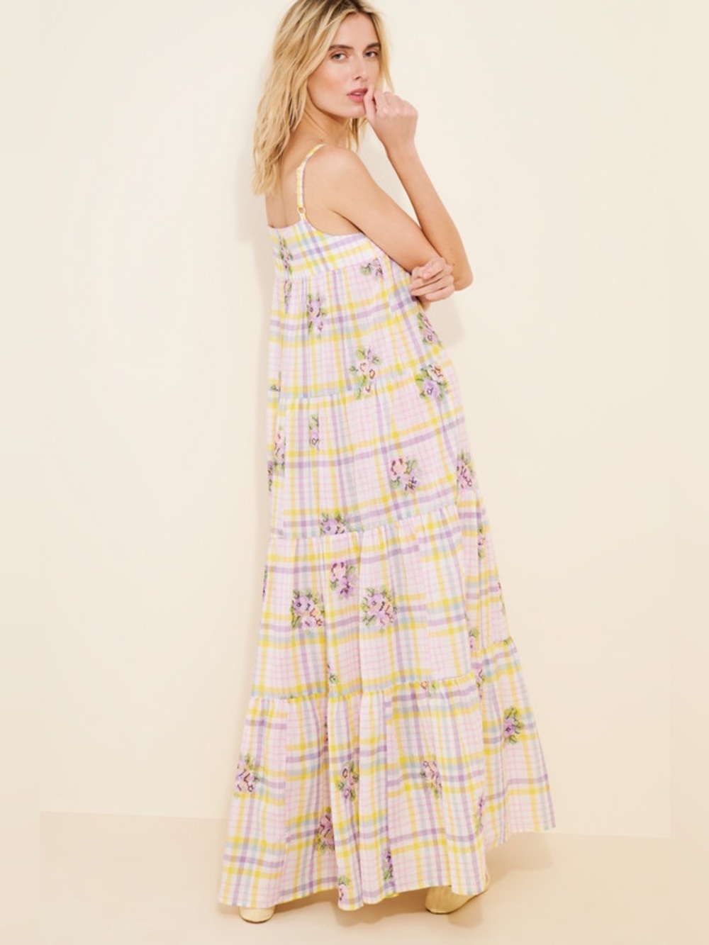 PAYAL PRATAP Mixed Print Tiered Maxi Dress Plaid Floral Sundress Sz: L